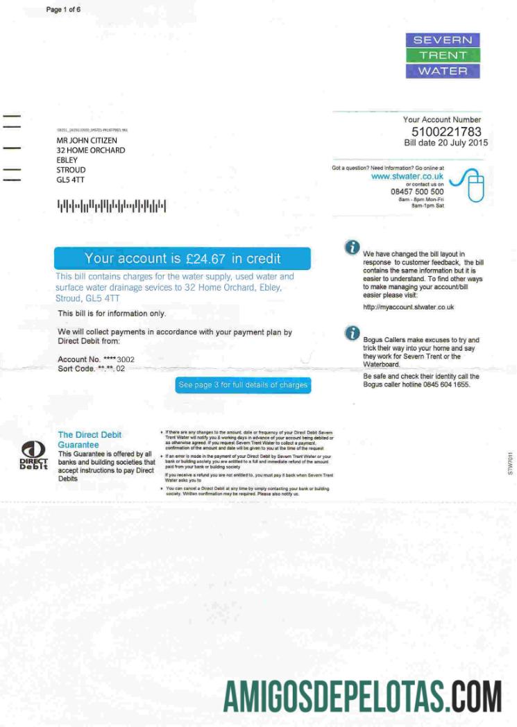 para download Modelo de conta de serviços públicos de água Severn Trent do Reino Unido, totalmente editável em formato PSD